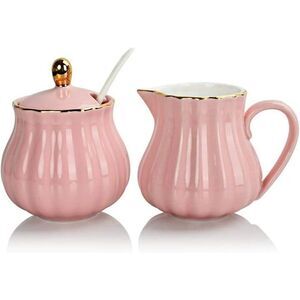 SWEEJAR Porcelain Royal Pink Sugar Creamer Set 3-Pc Lid Spoon Kitchen Gift NEW